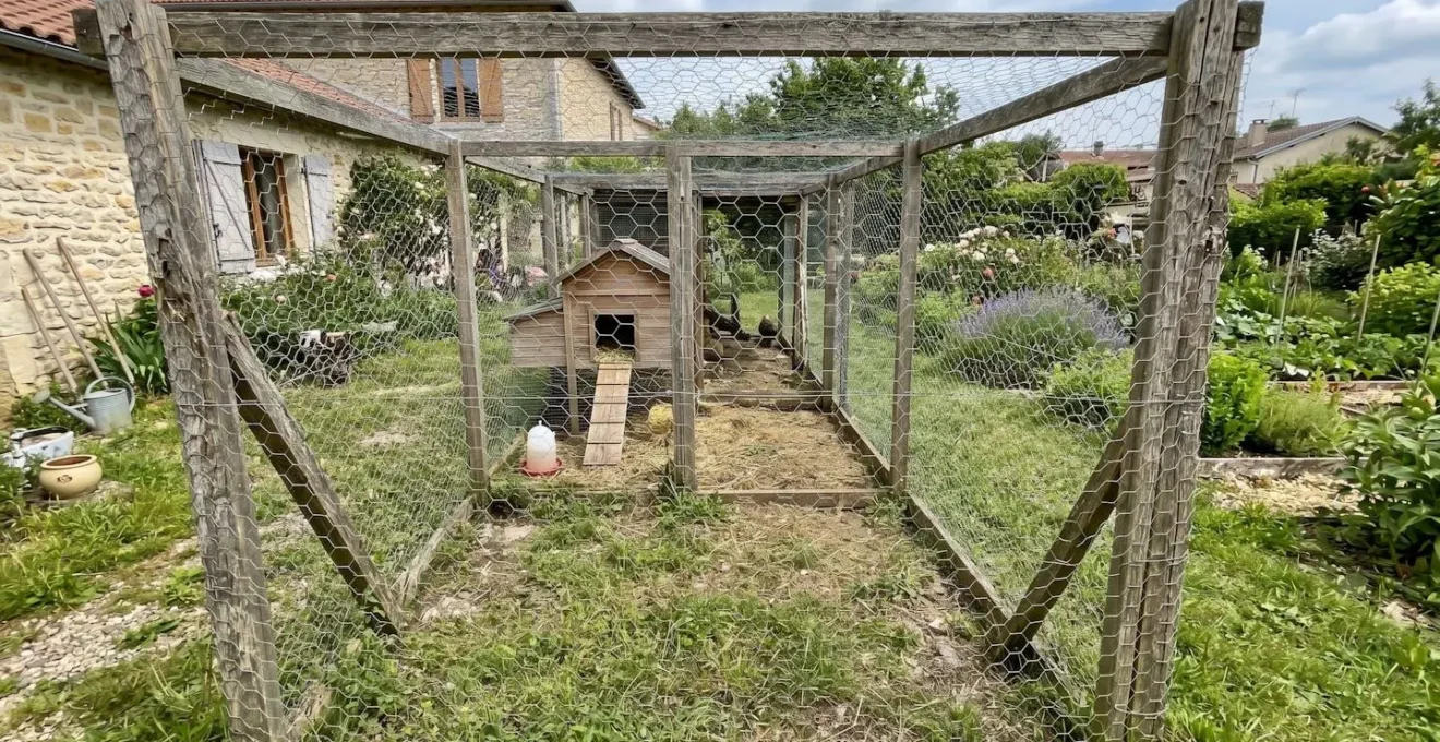Enclos grillagé à maille hexagonale installé autour d'un poulailler dans un jardin résidentiel français