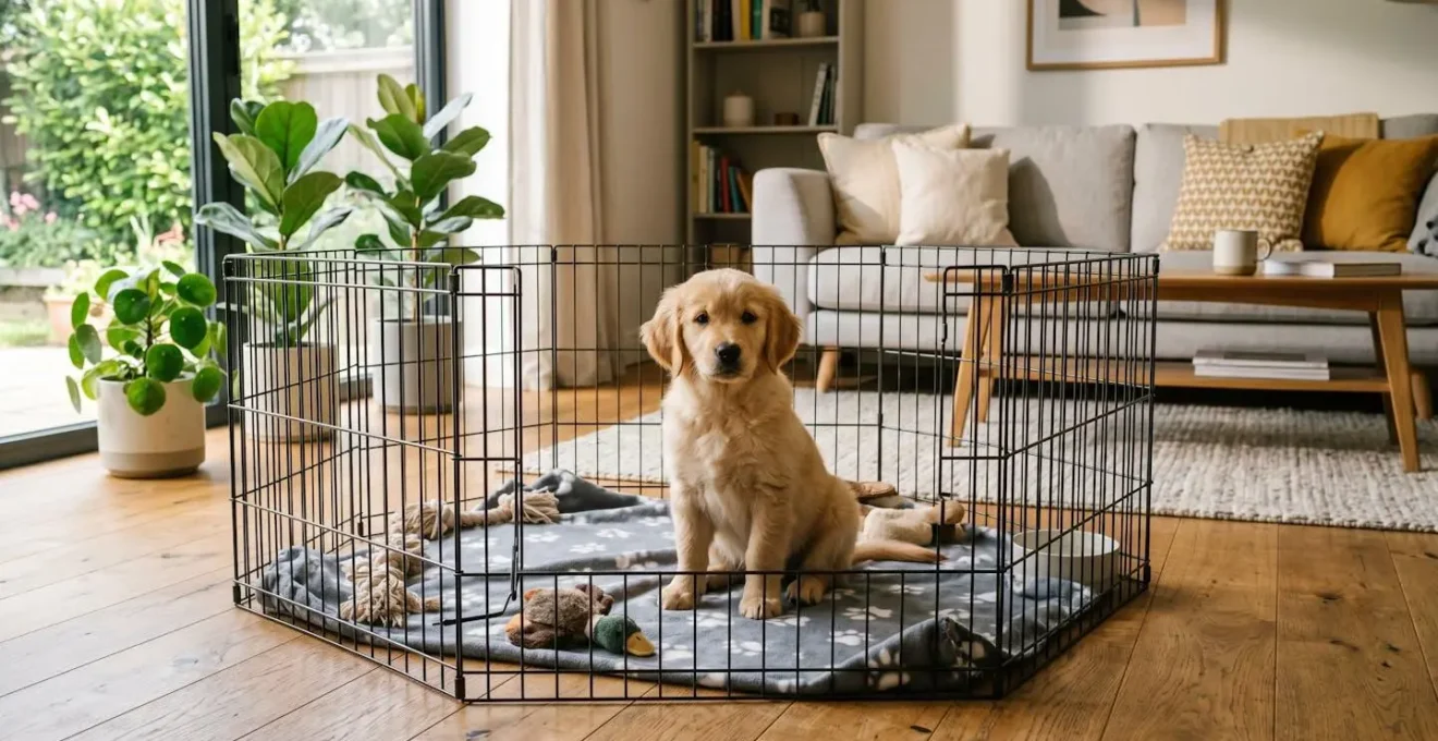 Chiot golden retriever installé dans un enclos en métal à l'intérieur d'un salon lumineux