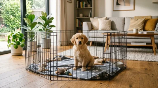 Chiot golden retriever installé dans un enclos en métal à l'intérieur d'un salon lumineux