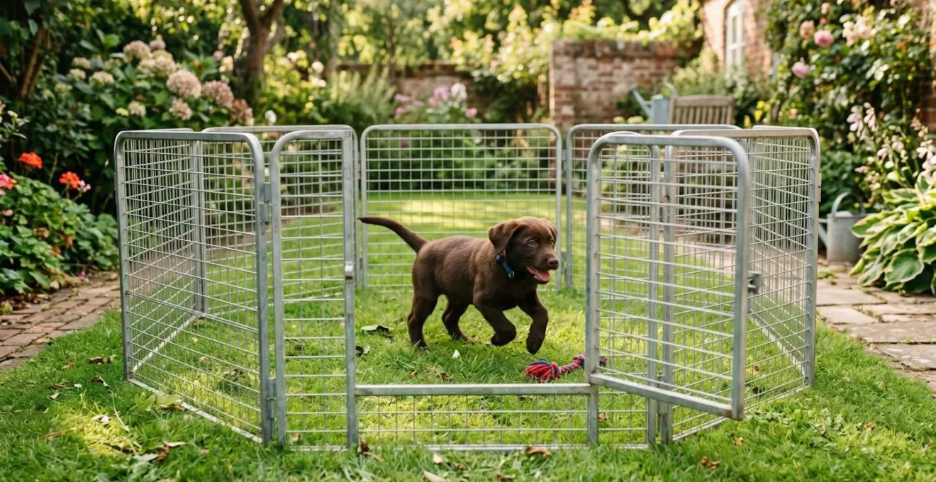 Chiot labrador brun jouant dans un enclos métallique installé dans un jardin ensoleillé